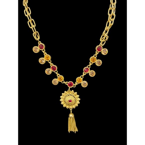 Victorian Inspired ROSA FLORES Gold tone Red and orange Pendant Necklace - Picture 4 of 12